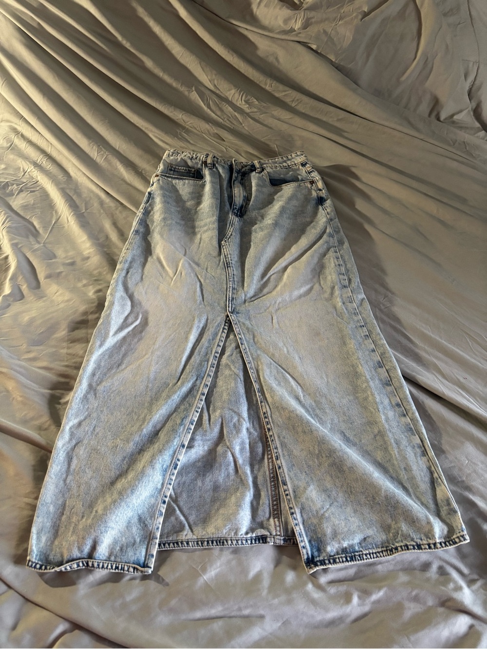 Blank NYC Faded Light Blue Denim Maxi Skirt with Front Slit